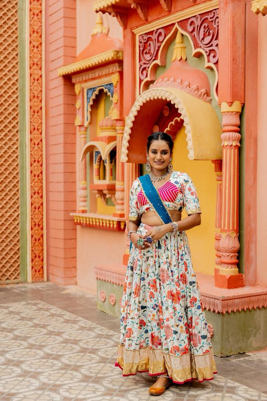 Floral White Cotton Lehenga Set - Anjanase