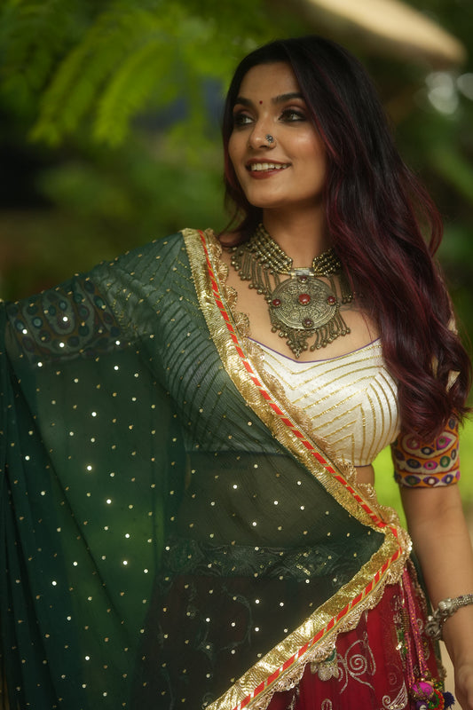 Bottle Green Chiffon Dupatta - Anjanase