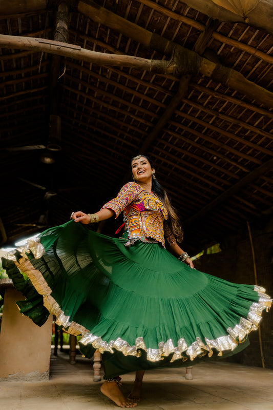 Navratri Bottle Green Flared Skirt - Anjanase