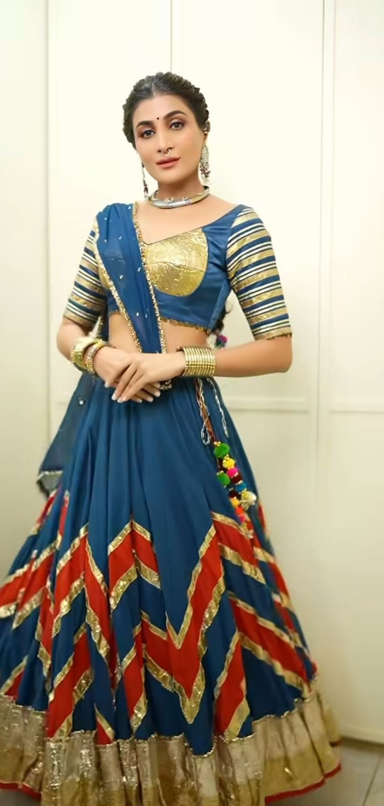 Virali teal red zigzag lehenga set