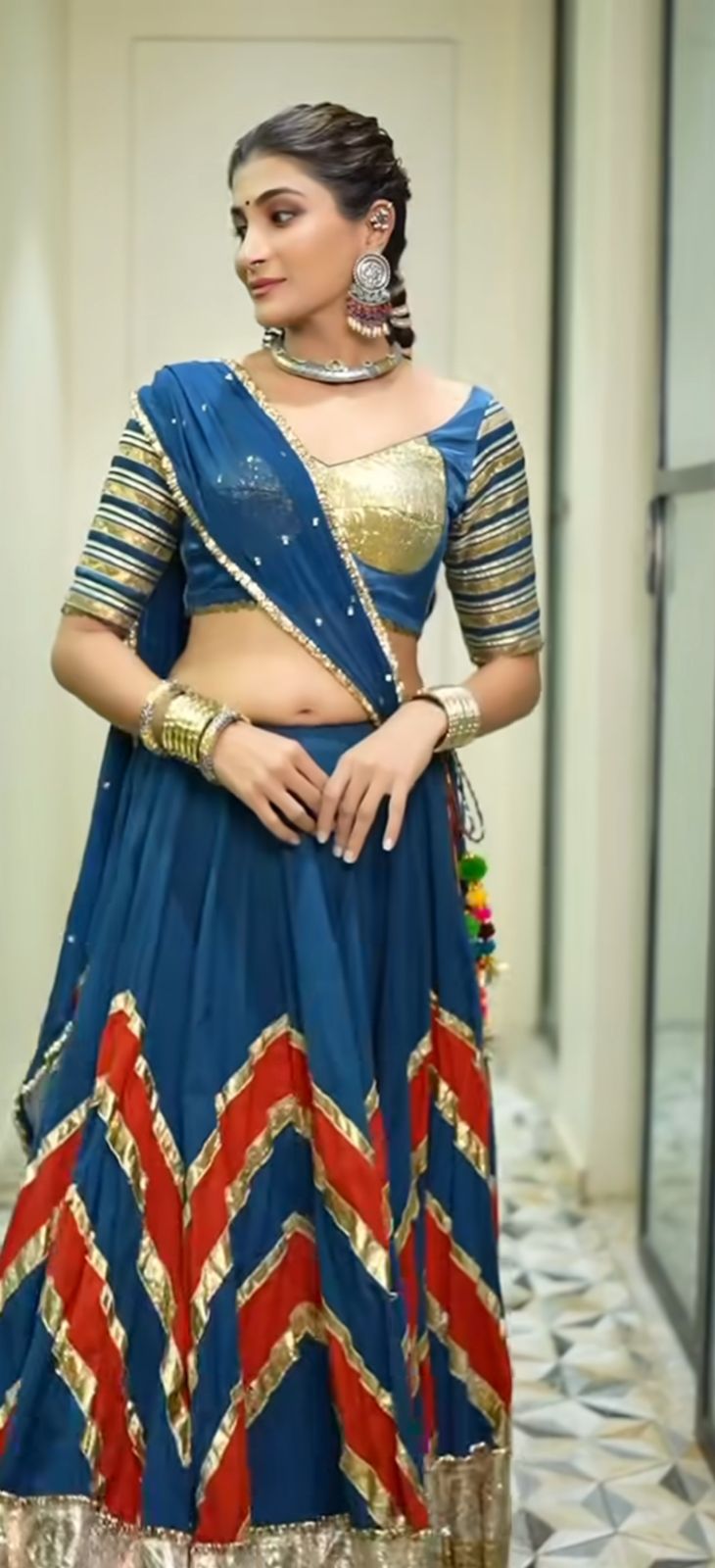 Virali teal red zigzag lehenga set