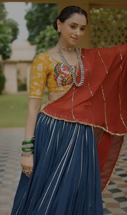 Pooja Teal Blue Cotton Lehenga Set