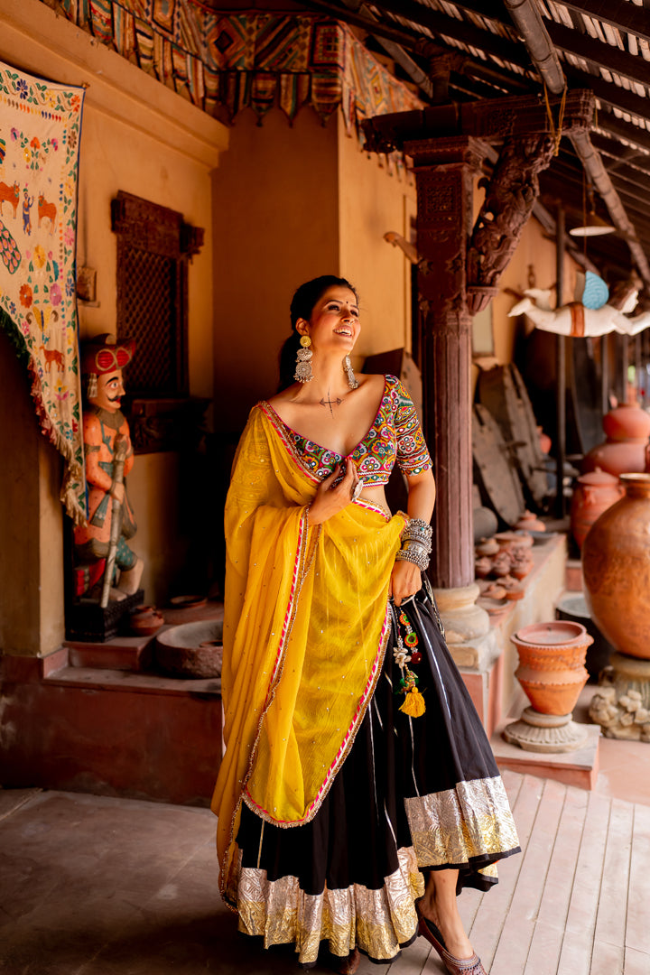 Black Cotton Lehenga Set - Anjanase