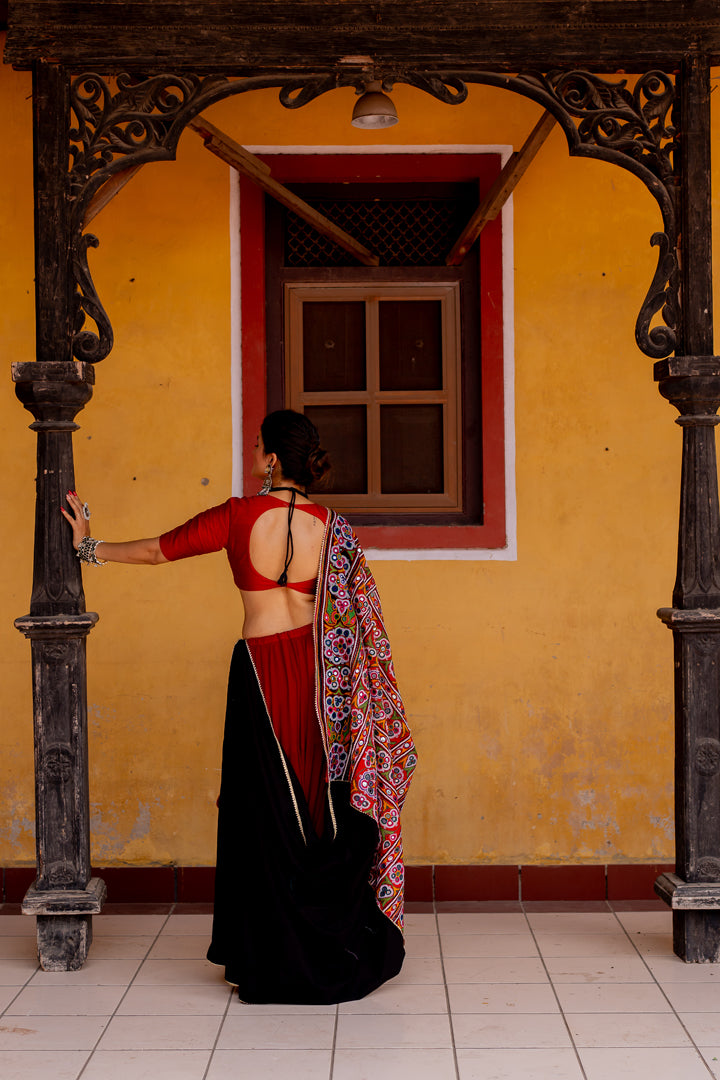 Red & Black Heavy Patch Lehenga Set - Anjanase
