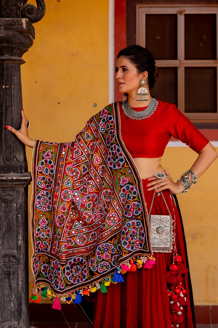 Red & Black Heavy Patch Lehenga Set - Anjanase