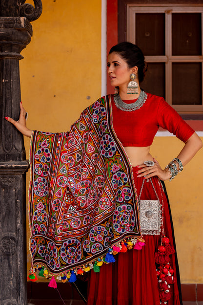 Red & Black Heavy Patch Lehenga Set - Anjanase