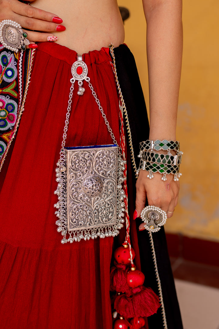 Red & Black Heavy Patch Lehenga Set - Anjanase