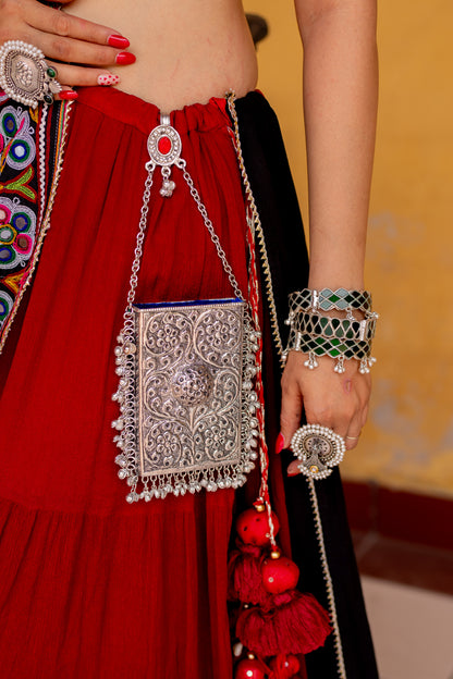 Red & Black Heavy Patch Lehenga Set - Anjanase