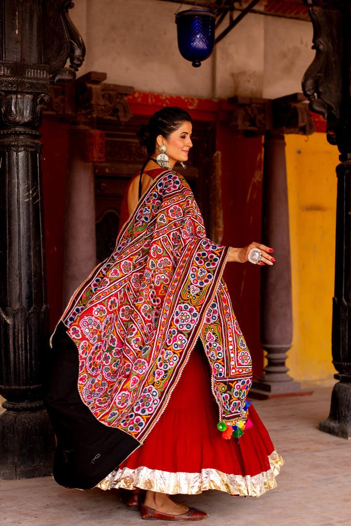 Red & Black Heavy Patch Lehenga Set - Anjanase
