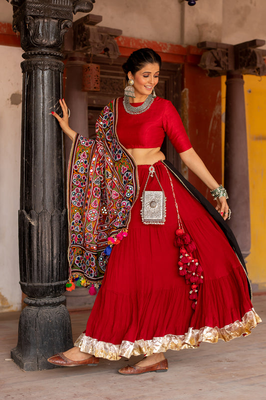 Red & Black Heavy Patch Lehenga Set - Anjanase