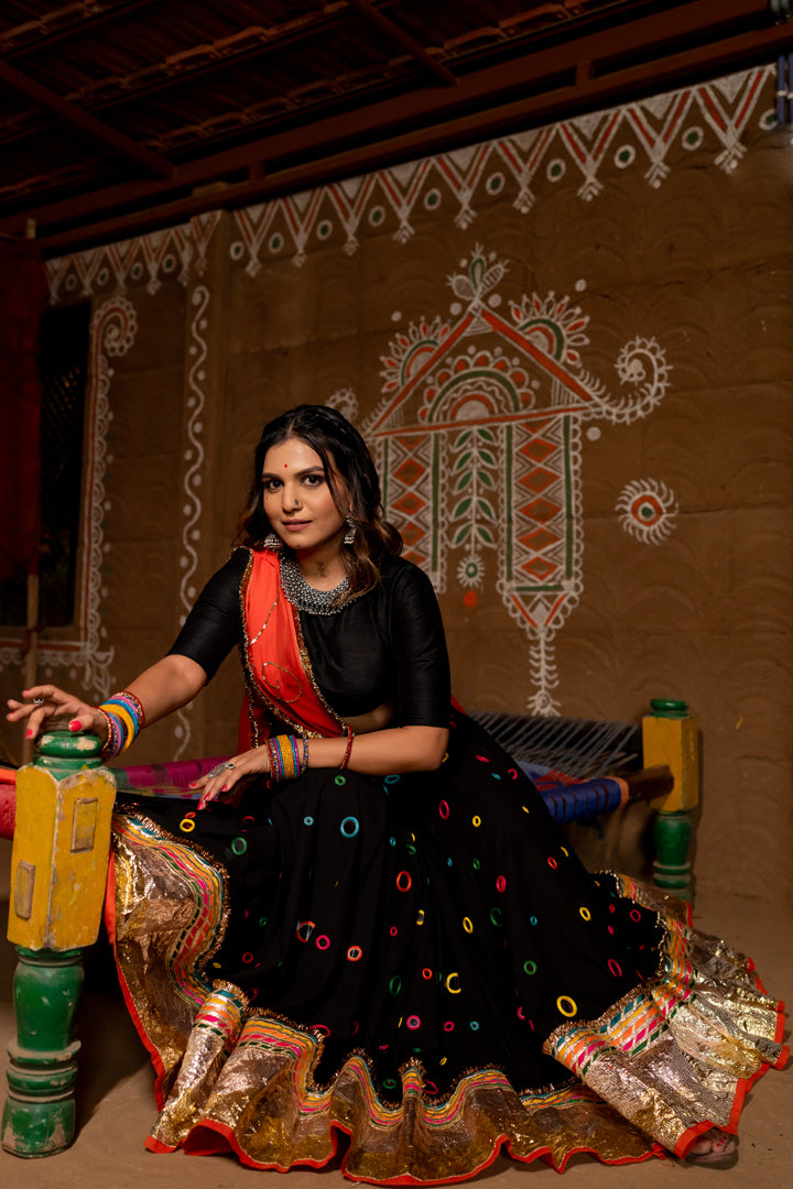 Black Multicolour Mirror Lehenga Set - Anjanase