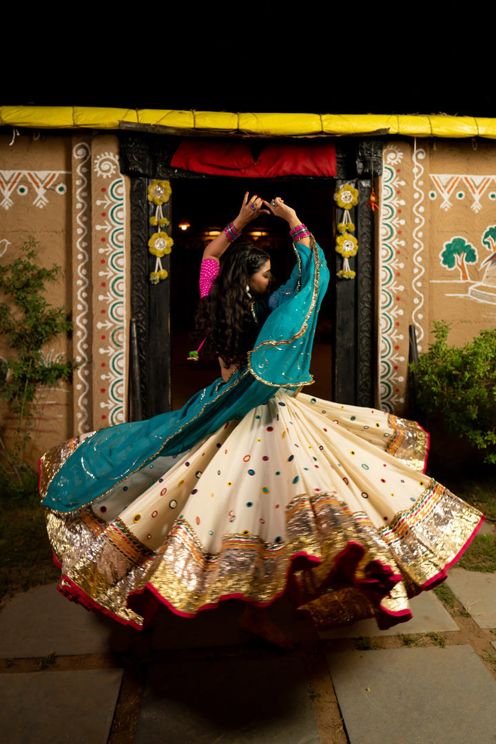White Multicolour Mirror Lehenga Set - Anjanase