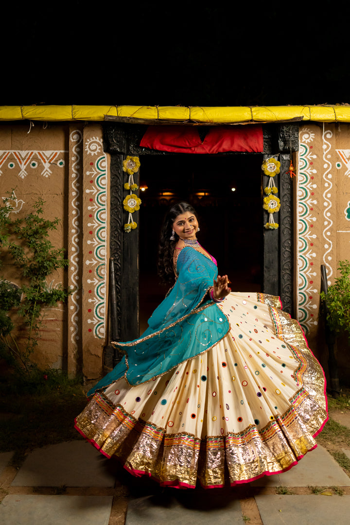 White Multicolour Mirror Lehenga Set - Anjanase