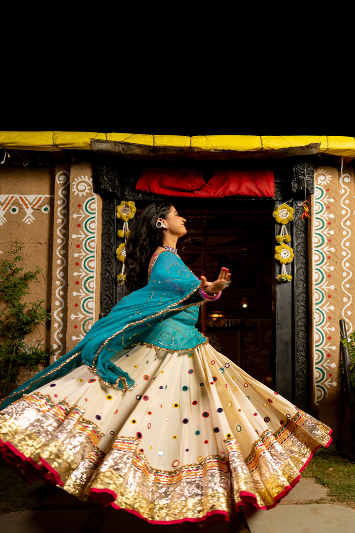 White Multicolour Mirror Lehenga Set - Anjanase