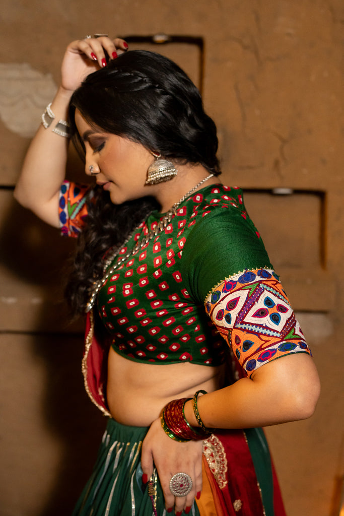 Green Bandhani Patch Blouse - Anjanase