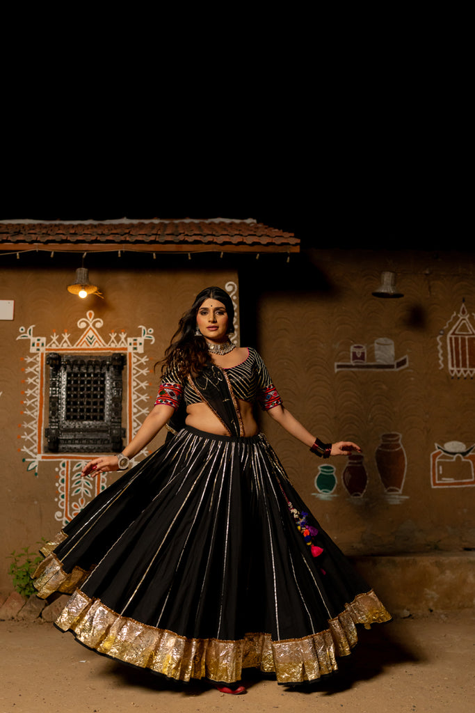 Black Cotton Lehenga Set - Anjanase