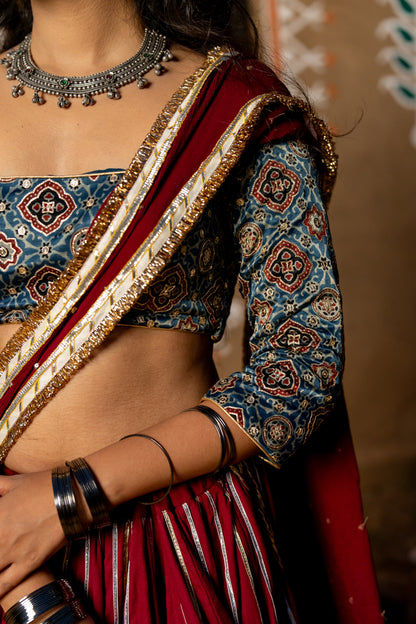 Maroon Cotton Lehenga Set - Anjanase