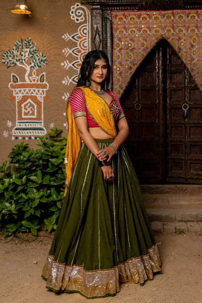Green Cotton Lehenga Set - Anjanase
