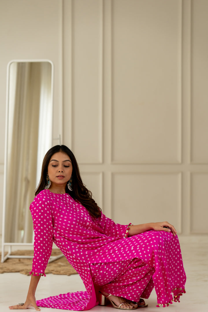 Hot Pink Bandhani Coord Set - Anjanase