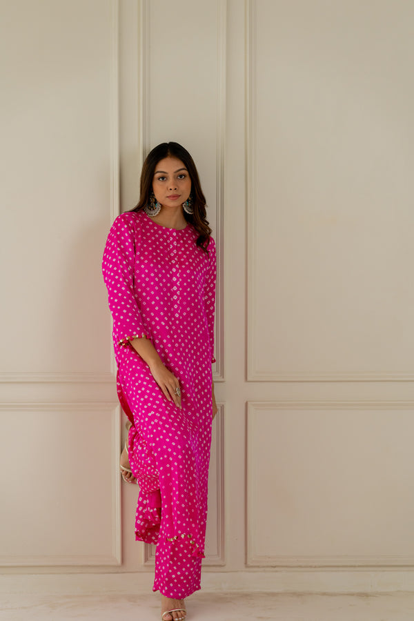 Hot Pink Bandhani Coord Set - Anjanase