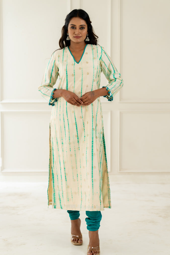 White & Aqua Leheriya Kurta - Anjanase