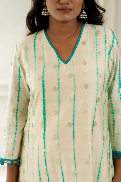 White & Aqua Leheriya Kurta - Anjanase