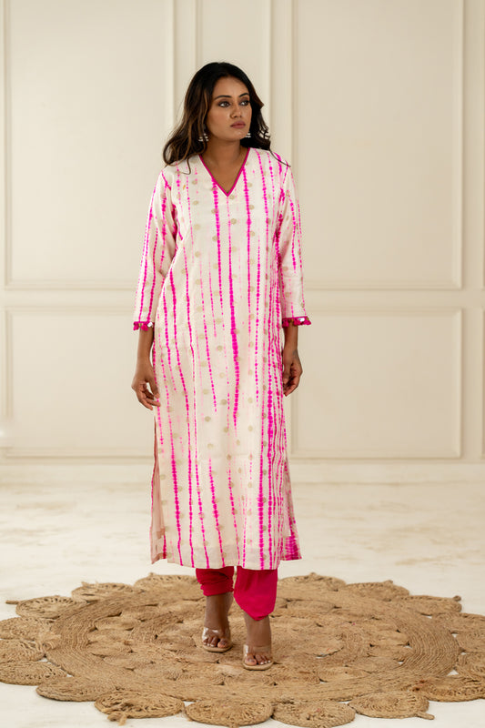 White & Pink Leheriya Kurta - Anjanase