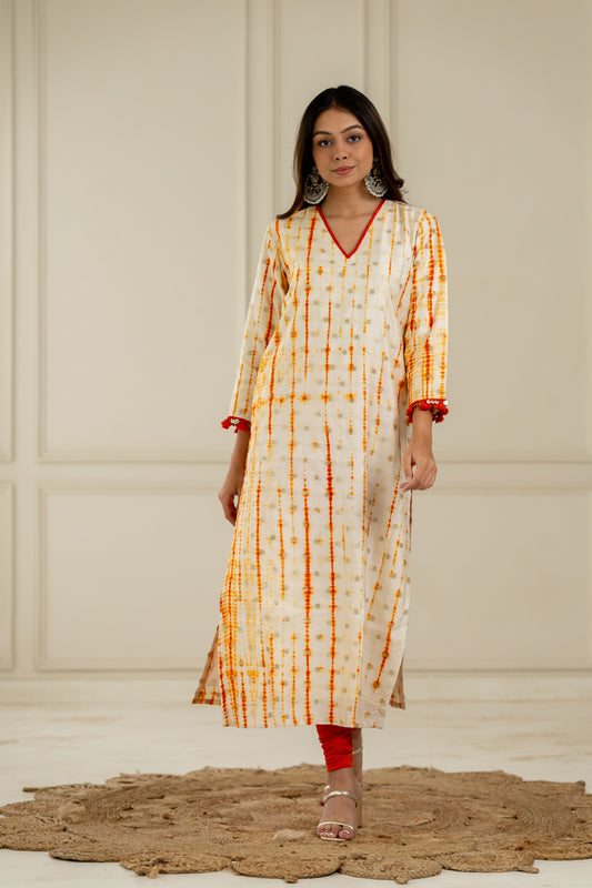White & Orange Leheriya Kurta - Anjanase