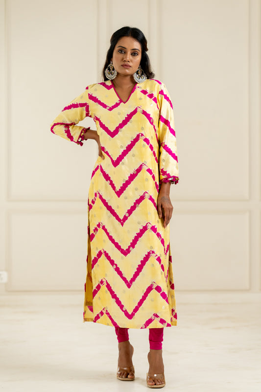 Yellow & Pink Leheriya Kurta - Anjanase