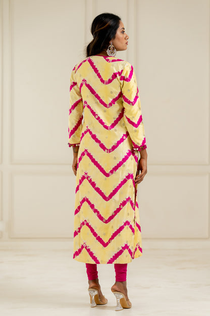 Yellow & Pink Leheriya Kurta - Anjanase
