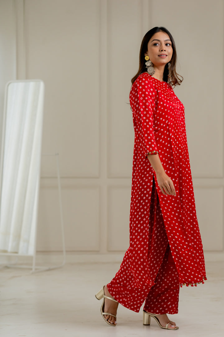 Red Bandhani Coord Set - Anjanase