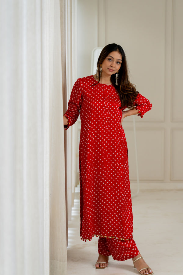 Red Bandhani Coord Set - Anjanase