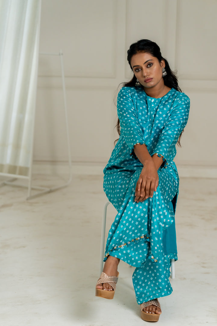 Turquoise Bandhani Coord Set - Anjanase