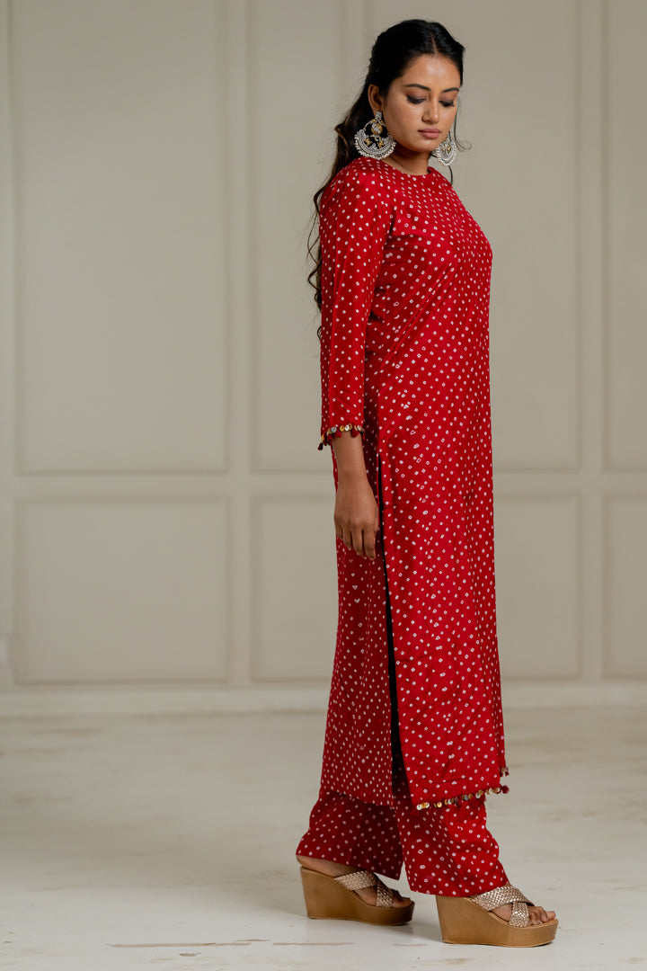 Maroon Bandhani Coord Set - Anjanase