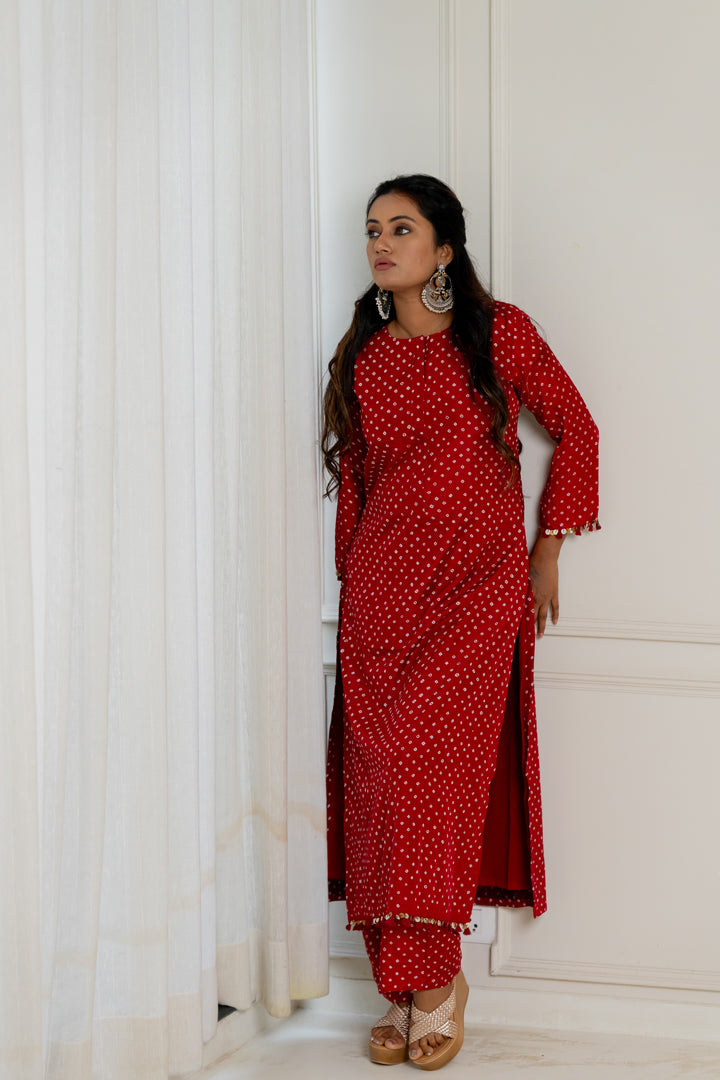 Maroon Bandhani Coord Set - Anjanase