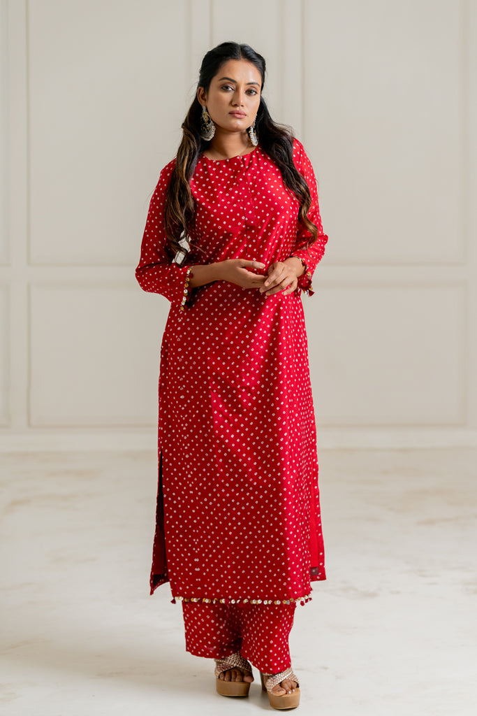 Maroon Bandhani Coord Set - Anjanase