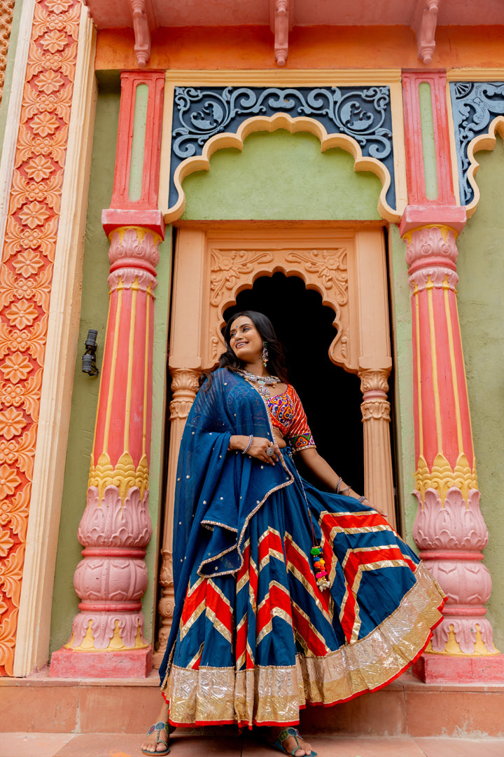 Teal Cotton Lehenga Set