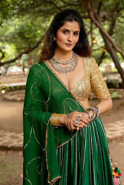 Green Spun Lehenga Set