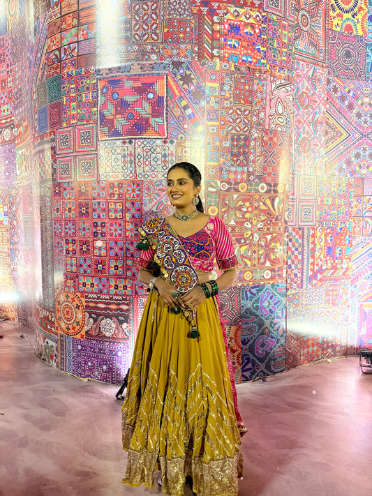 Mustard Green Cotton Lehenga Set