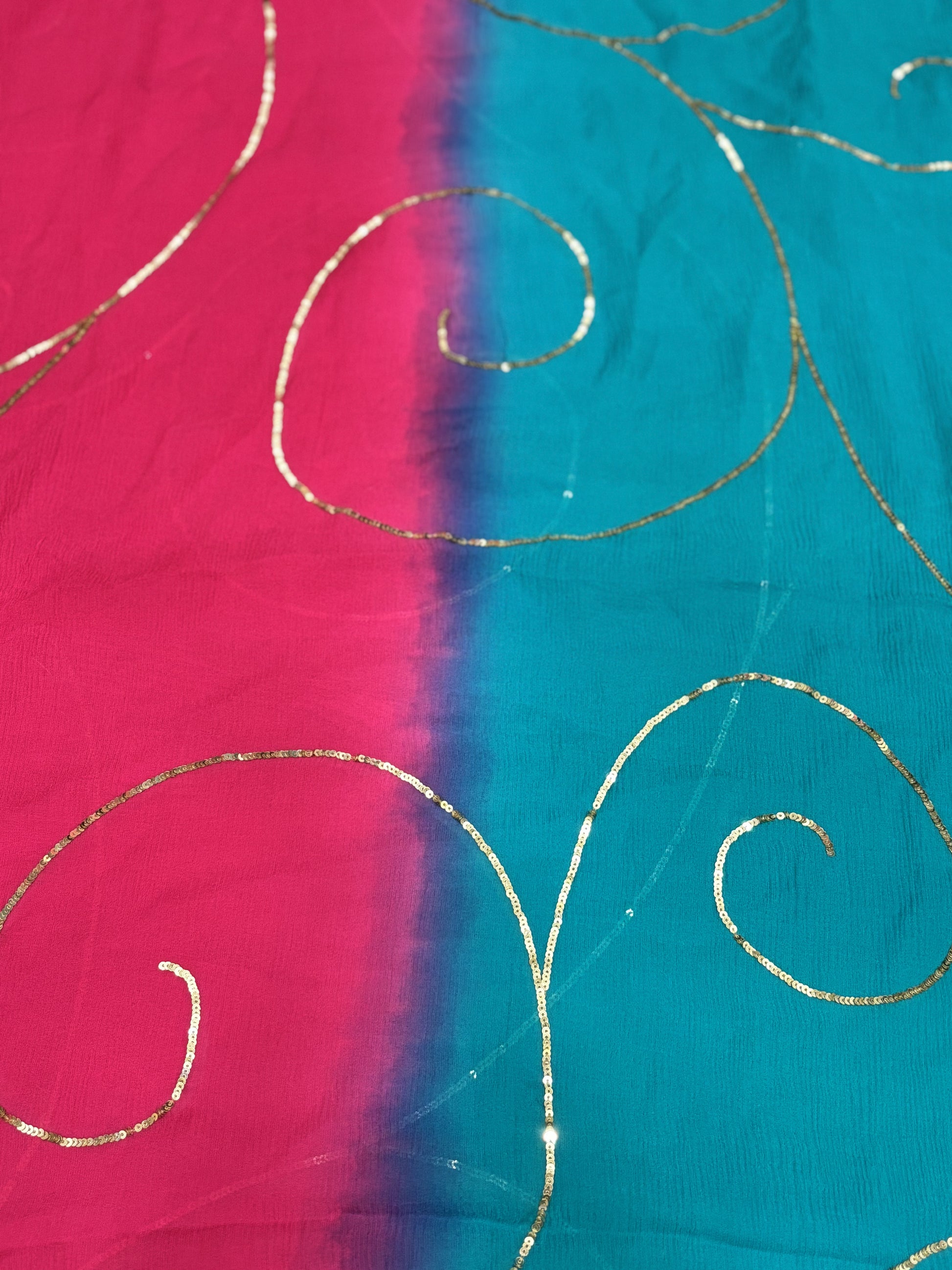 Navratri Firozi and pink ombre ghumer chiffon dupatta