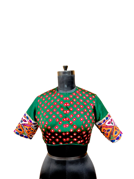 Green Bandhani Patch Blouse - Anjanase