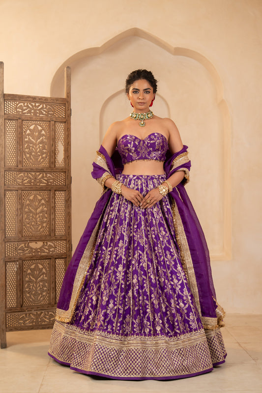 Purple banarasi lehenga set with corset blouse