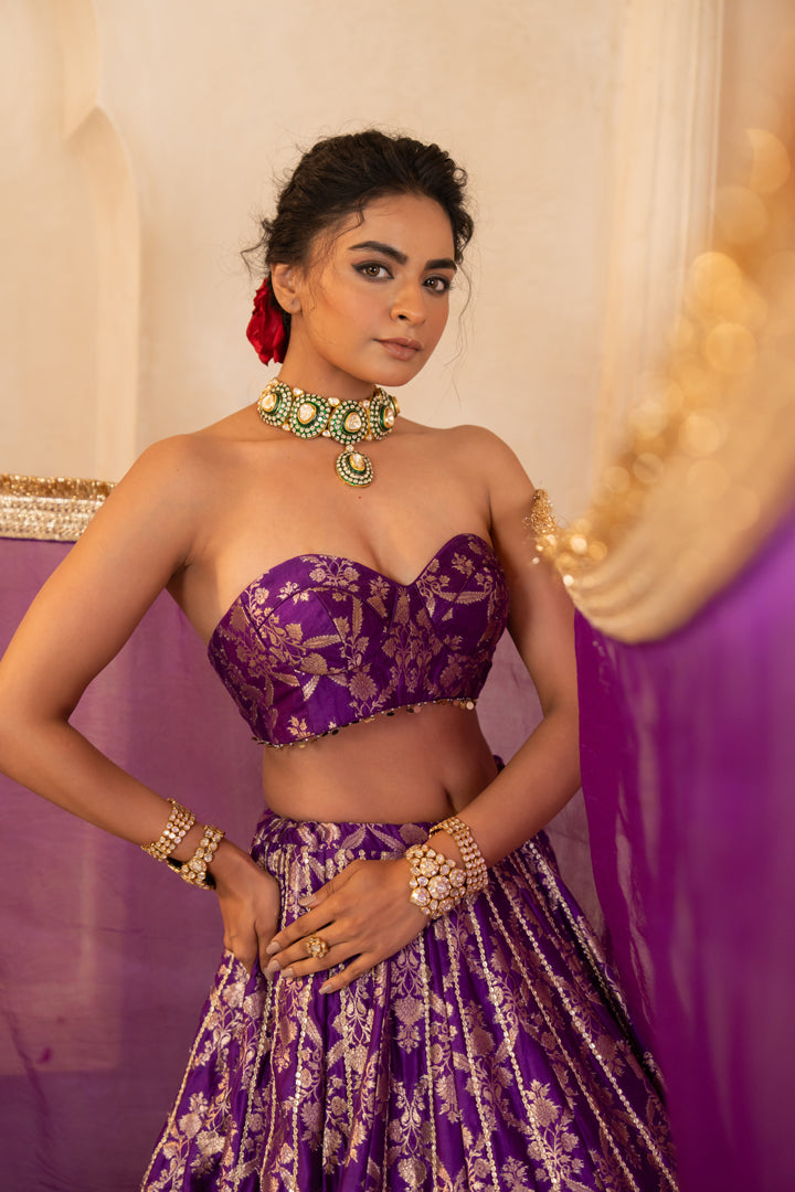 Purple traditional corset with coin trims 