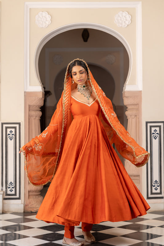 Rust Anarkali Set