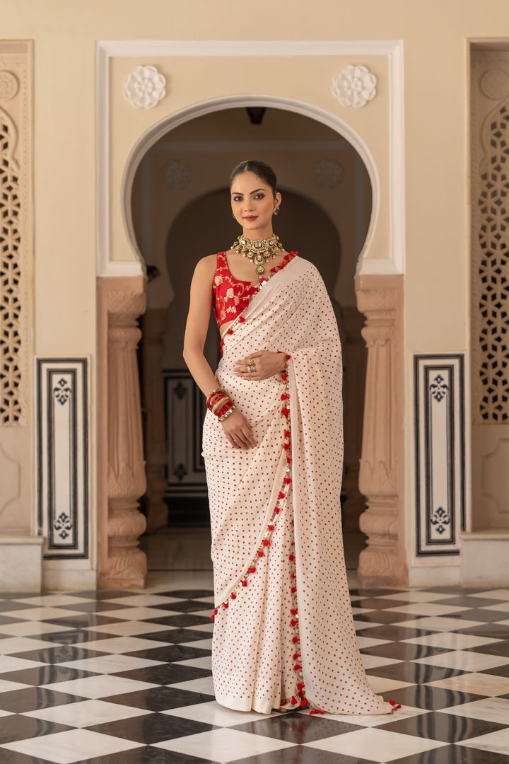 ivory Bandhani Saree