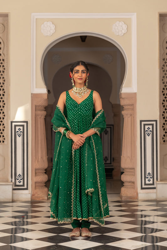Green Bandhani Anarkali Set