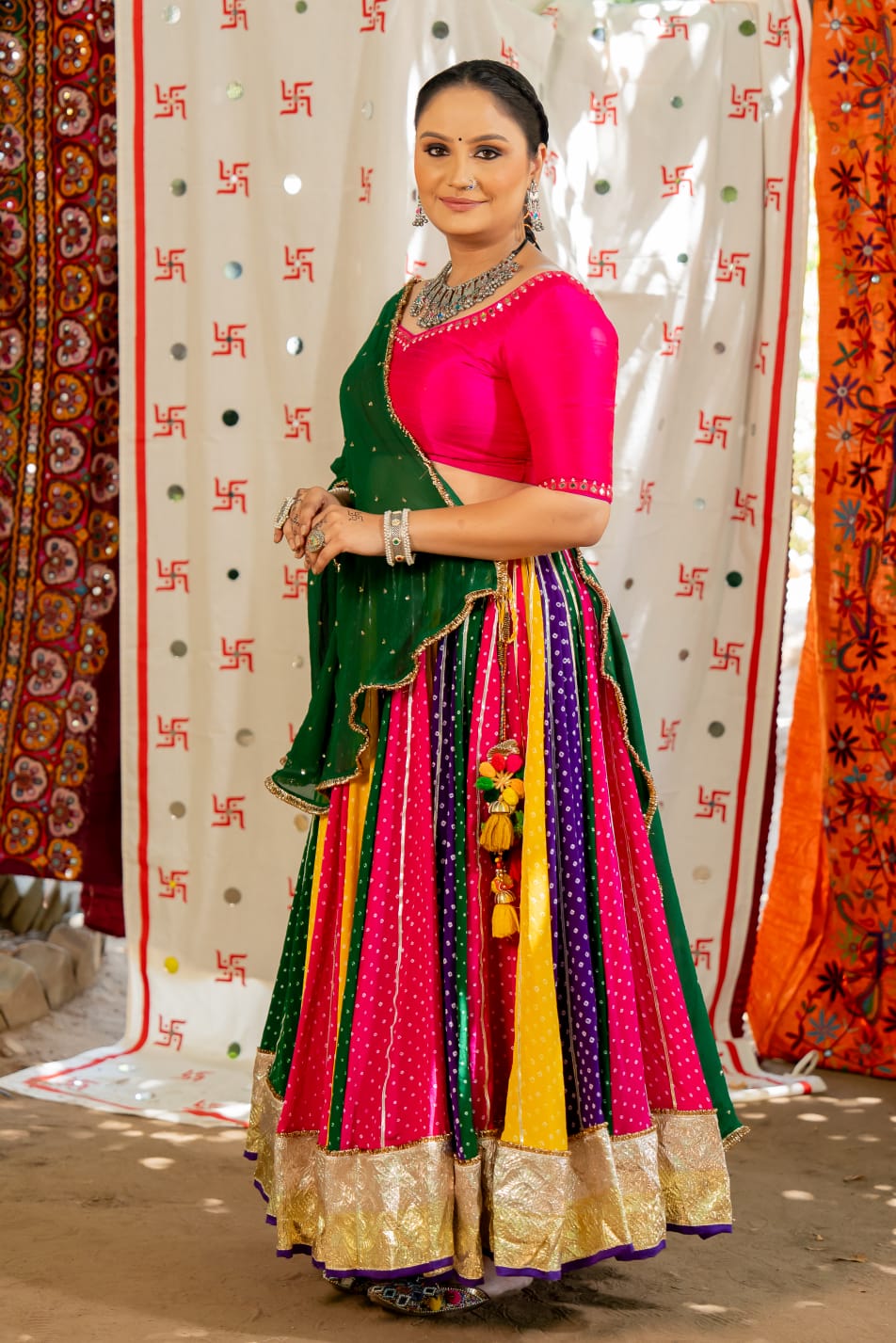 Navratri Dark green chiffon dupatta