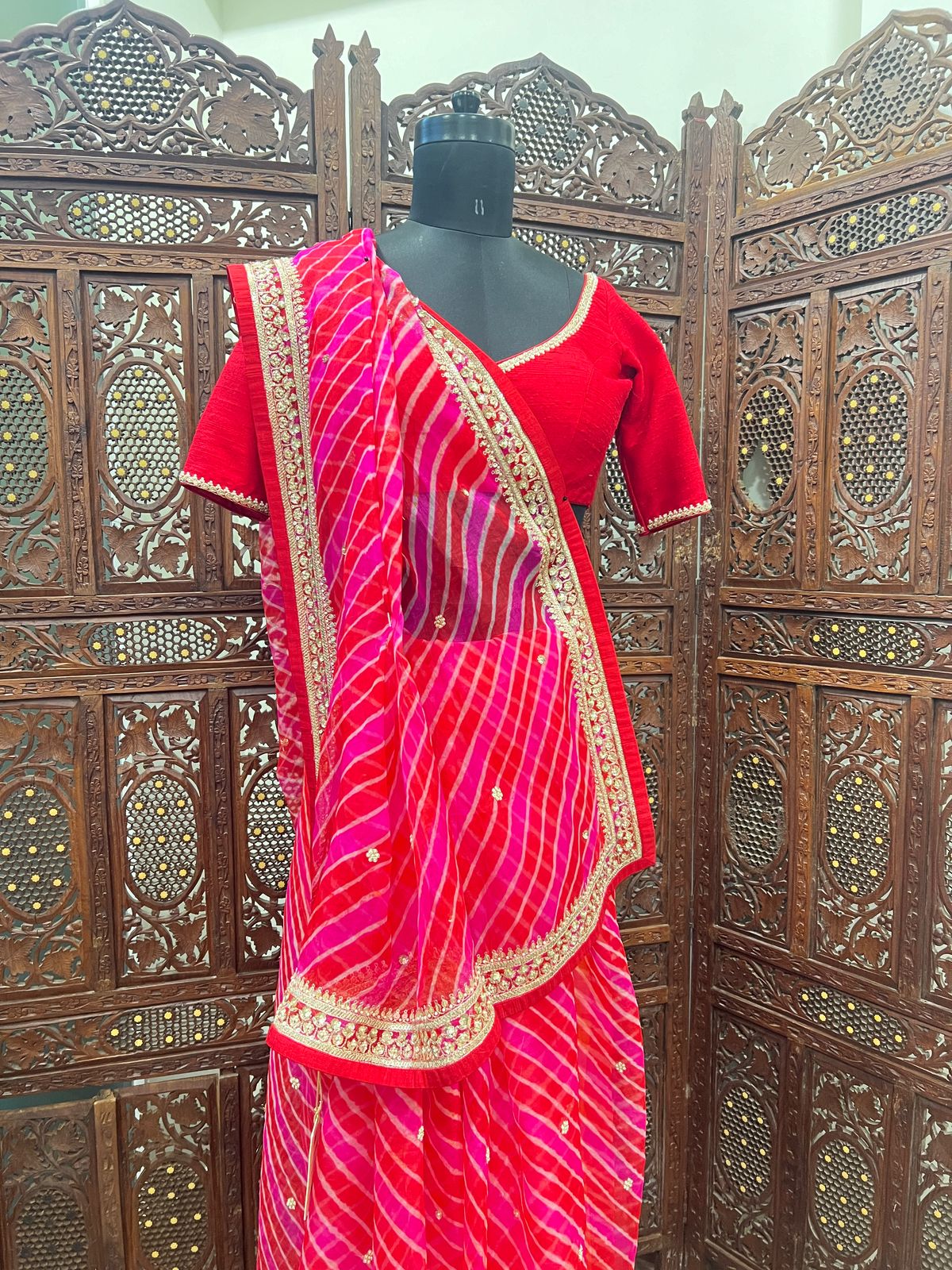 Orange Pink Leheriya Saree