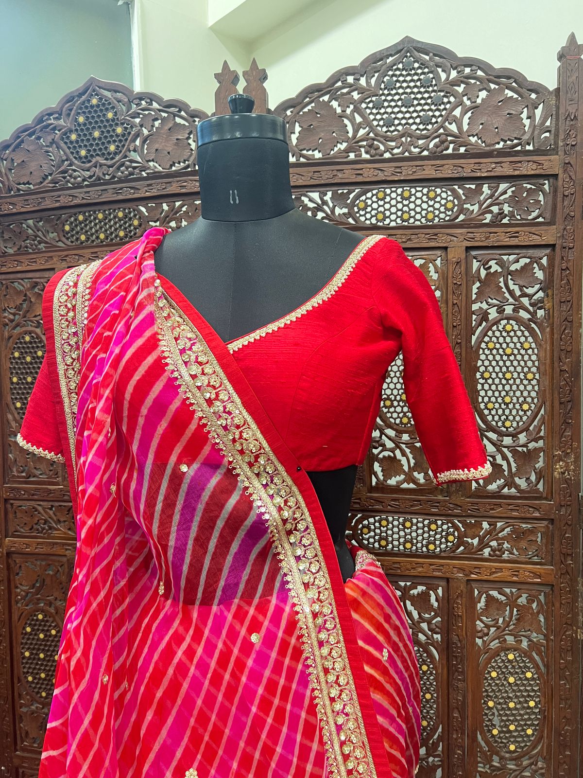 Orange Pink Leheriya Saree