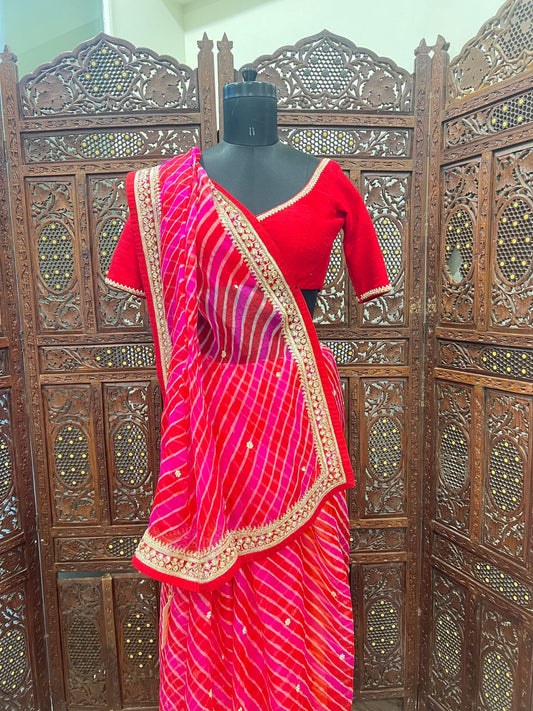 Orange Pink Leheriya Saree